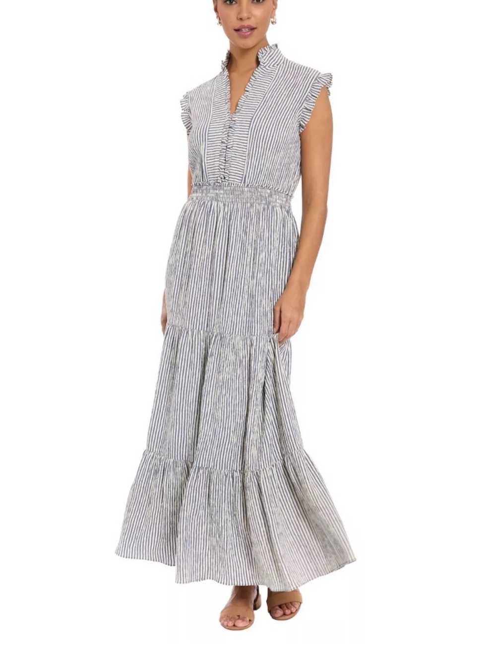 London Times Striped Ruffle Maxi Dress - Blue & White